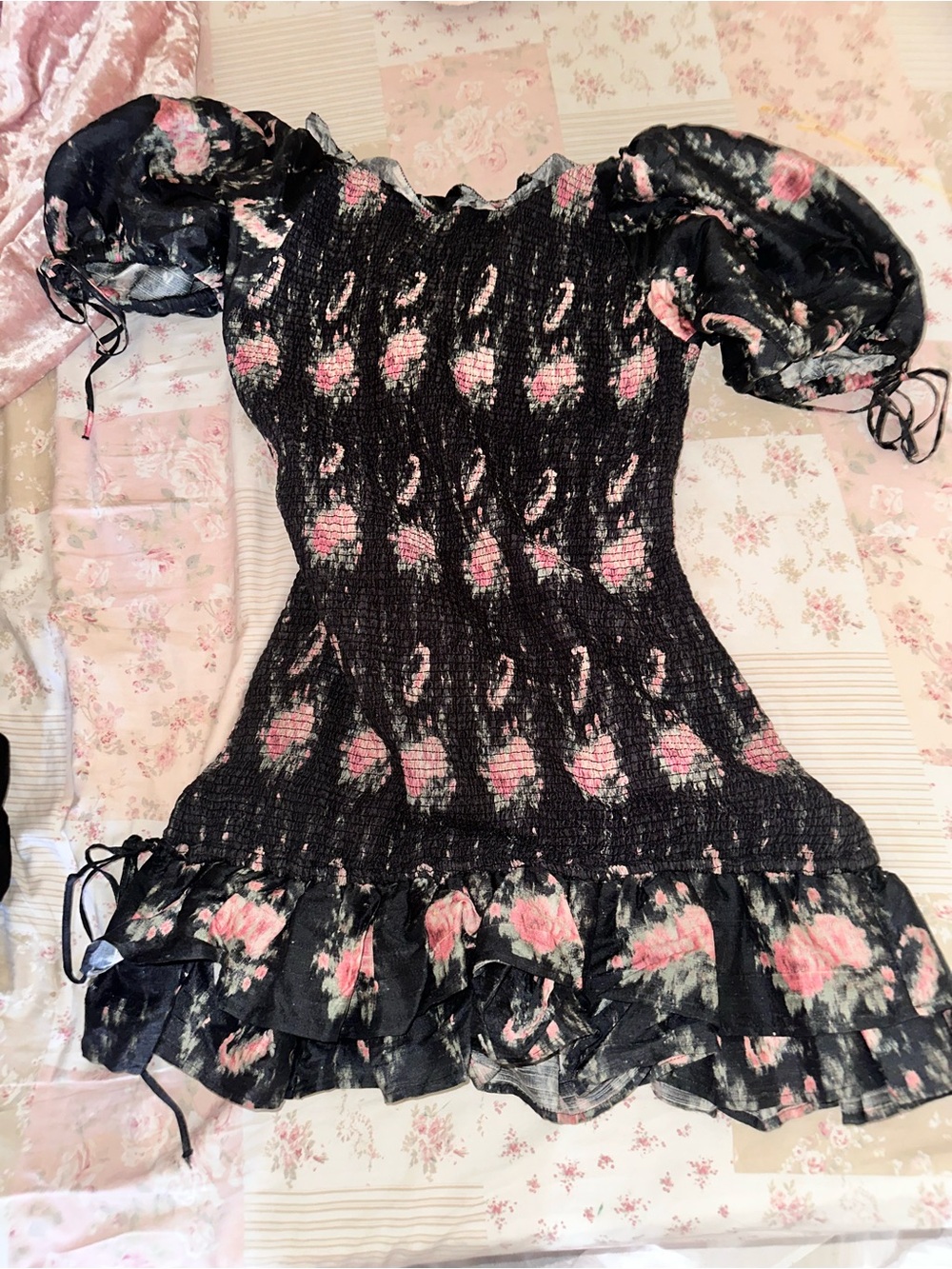 LoveShackFancy Black Dress with Pink Floral Print - Puff Sleeve Dress